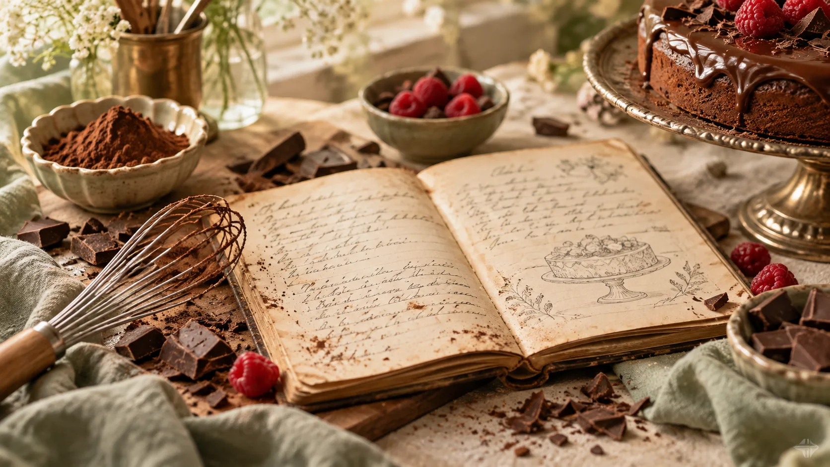 Carnet de recettes artisanal entouré de chocolat et d'ingrédients